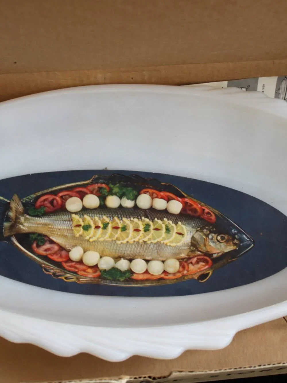 Vintage GlasBake Milk Glass White Fish Serving Dish With Iron Rack MCM